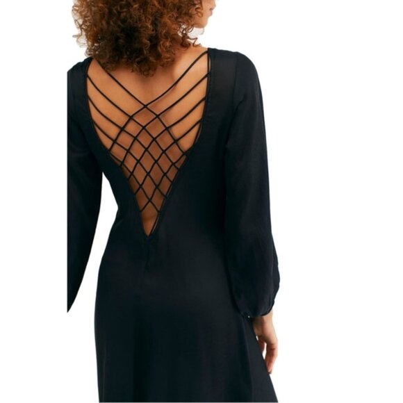 Free People Later Days Midi Dress Lattice Back Black Beachy Boho Sz 12 B11 - Picture 4 of 10